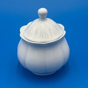 White Ceramic Pumpkin Sugar Bowl w Lid Fall Kitchen Decor Farmhouse